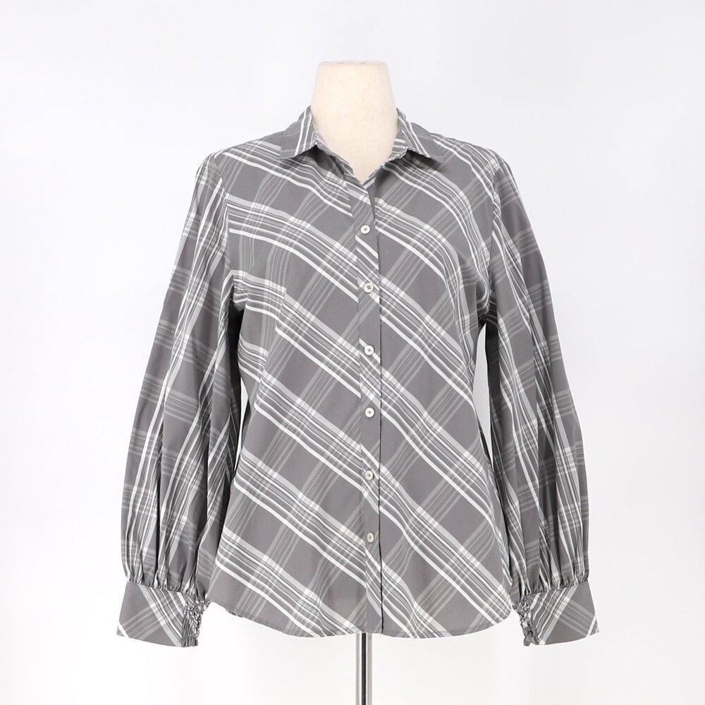 CHICO'S Poplin Billow Sleeve Gray Plaid Button Front Shirt Size 2 (US 12)
